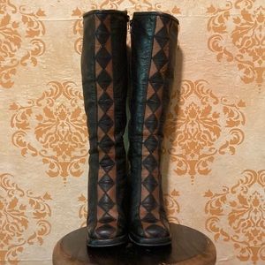 EL DANTES Tall Leather Black & Tan Diamond Pattern Zip Boots Made in Spain 6.5